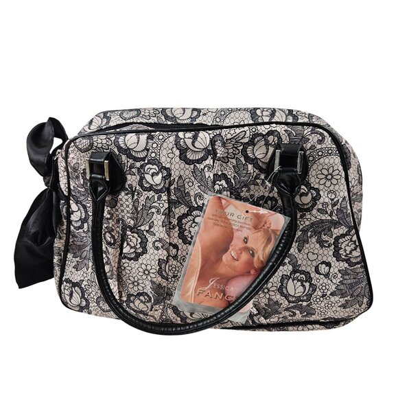 Jessica Simpson Black White Floral Lace Satchel Tote Bag Satin Bow Accent - Picture 1 of 10